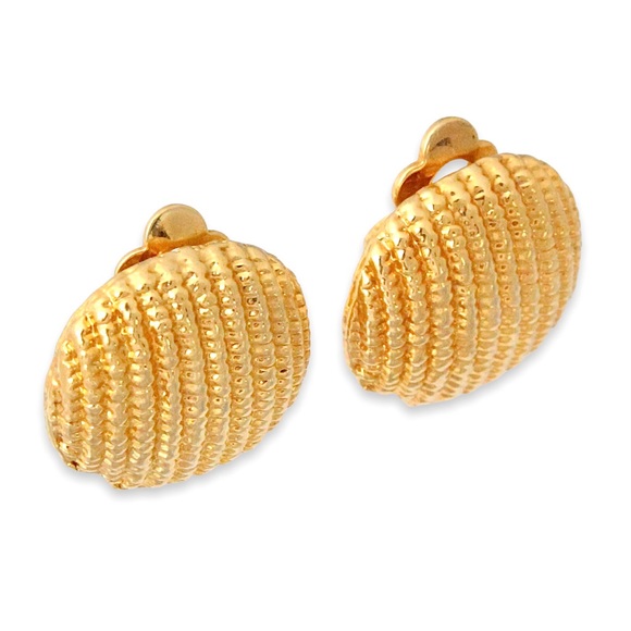 Vintage Gold Plated Button Clip On Earrings Textured Chunky Large Round - Picture 2 of 4